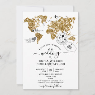 Invitación Mapa del mundo del oro del Purpurina de destino bo