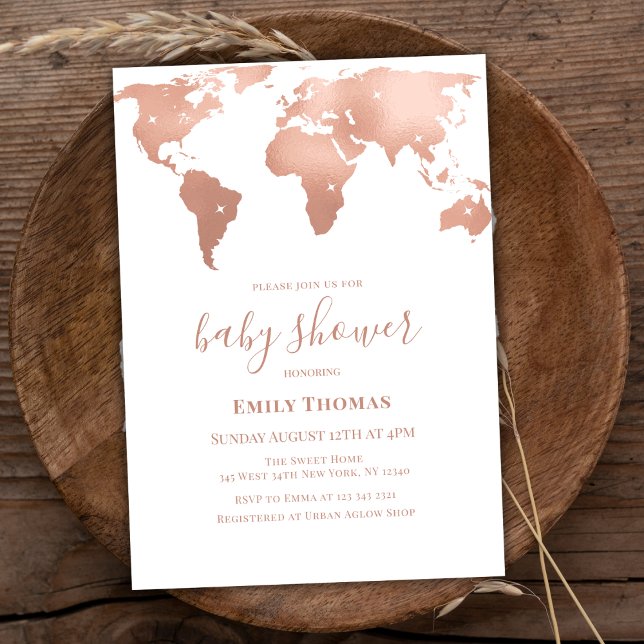 Invitación Mapa del mundo del oro rosa Viaje Aventura Baby Sh (Pink Gold World Map Travel Adventure Baby Shower Invitation)