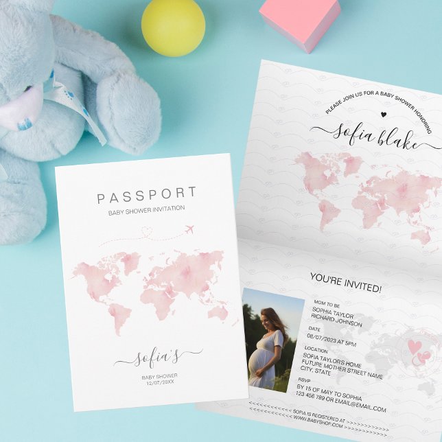 Invitación Mapa del mundo del pasaporte rosado Chica moderno  (Subido por el creador)