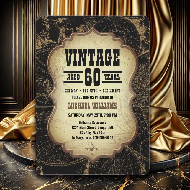 Invitación Mapa del mundo del tema de la cosecha del 60 anive (60th Birthday Party Invitation for Men with a trendy Vintage theme.
)