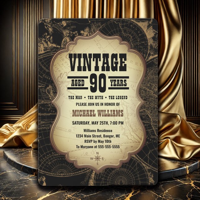 Invitación Mapa del mundo del tema de la cosecha del 90 anive (90th Birthday Party Invitation for Men with a Vintage Theme.)