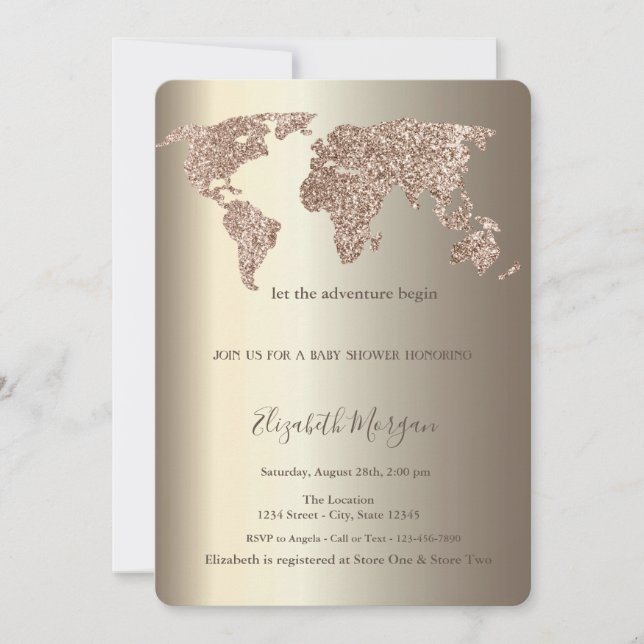 Invitación Mapa del mundo purpurina Confetti Gold Baby Shower (Anverso)