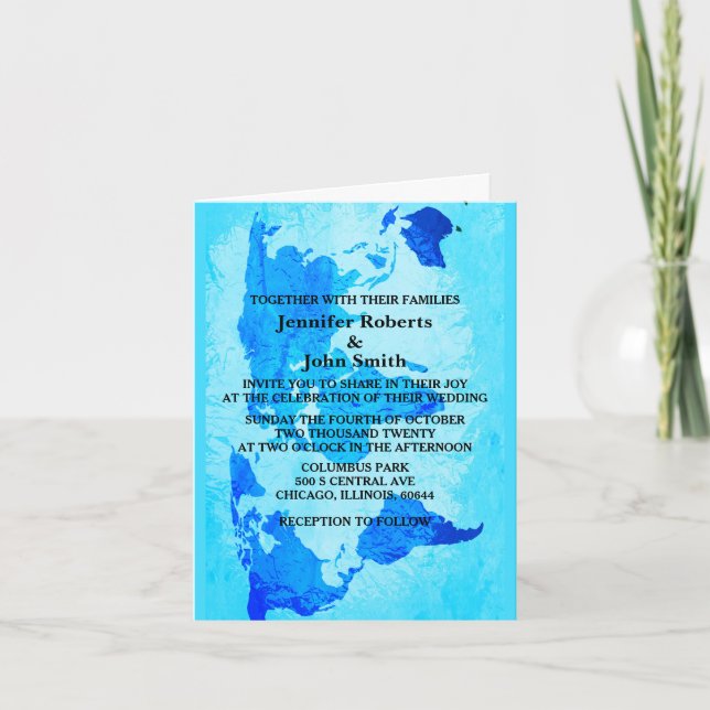 Invitación Mapa del mundo Resumen azul Boda brillante de colo (Anverso)