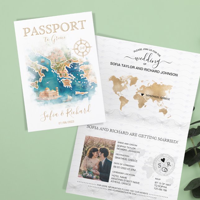Invitación Mapa del pasaporte de destino de boda Grecia (illustrated watercolor greece map)