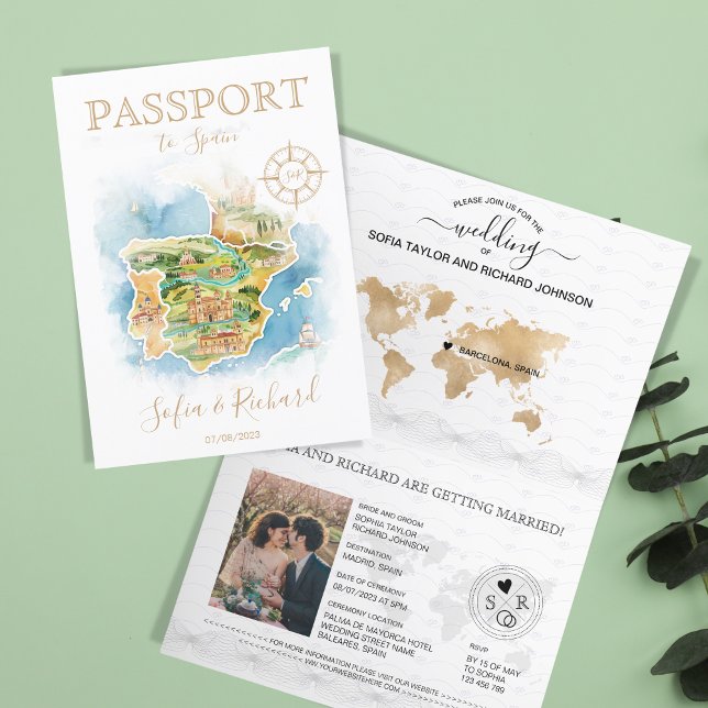 Invitación Mapa del pasaporte de destino de boda Grecia (illustrated watercolor map of spain)