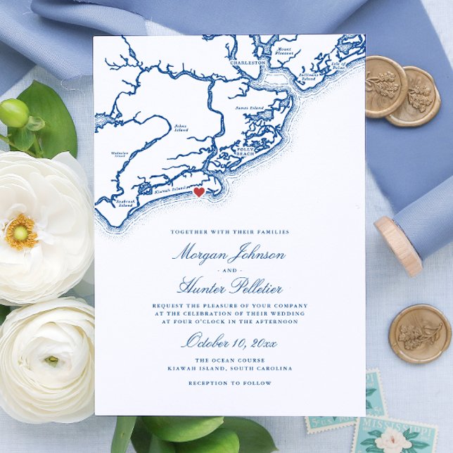 Invitación Mapa del SC de la isla Kiawah Boda azul de la Mari (Kiawah Island SC Map Wedding Invitation for an Elegant Navy Blue Destination Wedding )