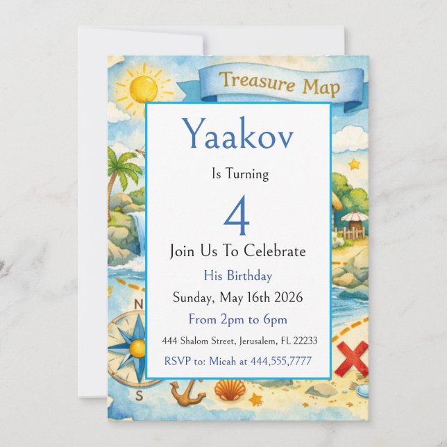Invitación Mapa del Tesoro Cumpleaños 4 Azul Dorado Costa Océ (Anverso)