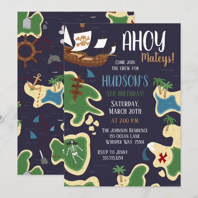 Invitación Mapa del tesoro de cumpleaños pirata (Anverso / Reverso)