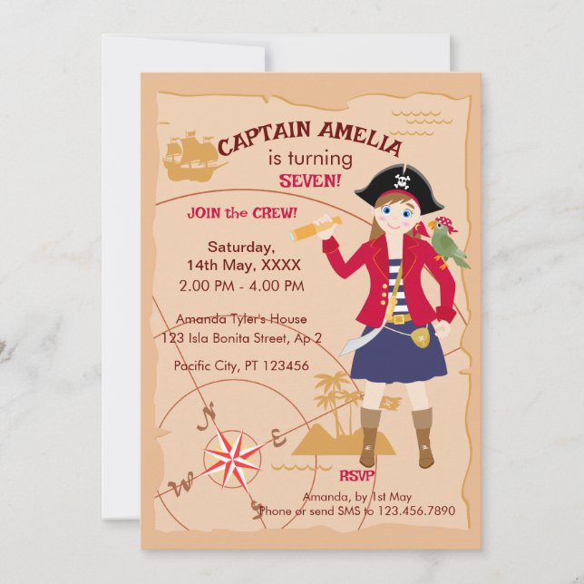 Invitación Mapa del Tesoro de la Chica Pirata Diversión Fiest (Anverso)