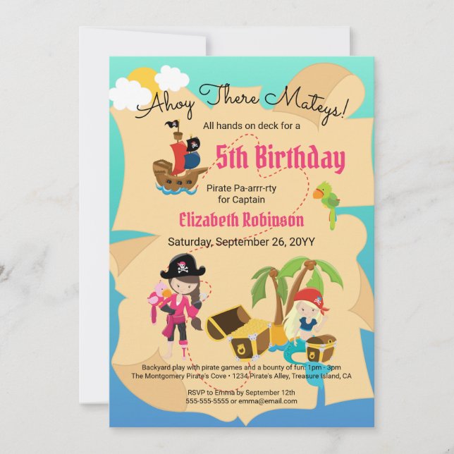 Invitación Mapa del Tesoro Divertido Cumpleaños de Niña Pirat (Anverso)
