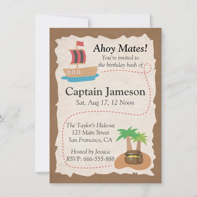 Invitación Mapa del Tesoro, Fiesta de Cumpleaños con Tema Pir (Anverso)