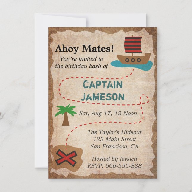 Invitación Mapa del Tesoro, Fiesta de Cumpleaños con Tema Pir (Anverso)