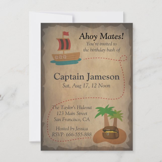 Invitación Mapa del Tesoro, Fiesta de Cumpleaños con Tema Pir (Anverso)