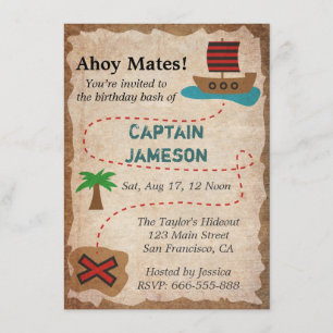 Invitación Mapa del tesoro, fiesta de cumpleaños del tema Pir