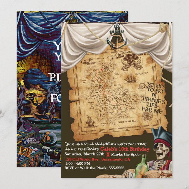 Invitación Mapa del Tesoro Pirata Bajo el Mar Fiesta de Cumpl (Anverso / Reverso)