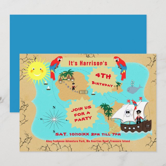 Invitación Mapa del tesoro pirata de cumpleaños  (Anverso / Reverso)