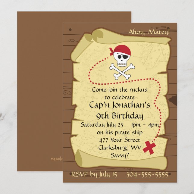 Invitación Mapa del tesoro pirata de Skull y Crossbone Cumple (Anverso / Reverso)