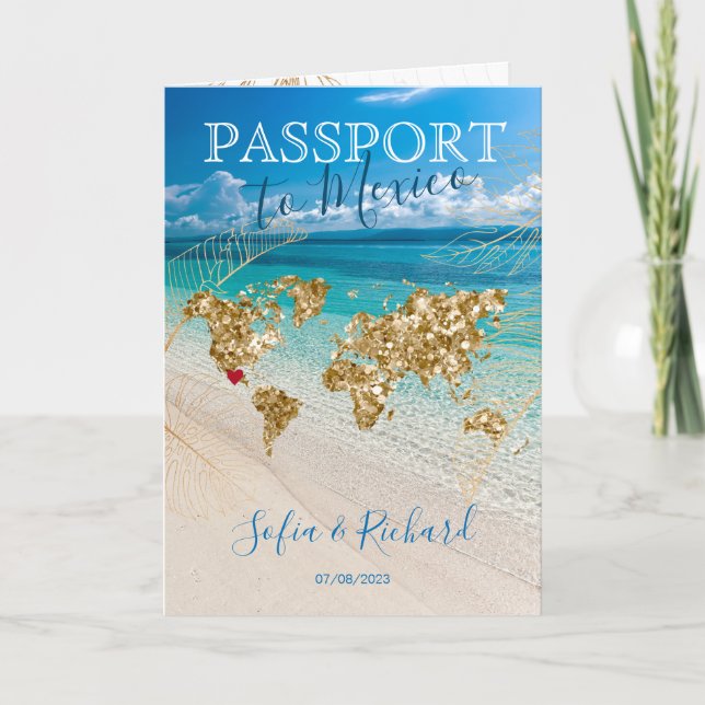 Invitación Mapa Dorado de Pasaporte de Boda en México  (Anverso)