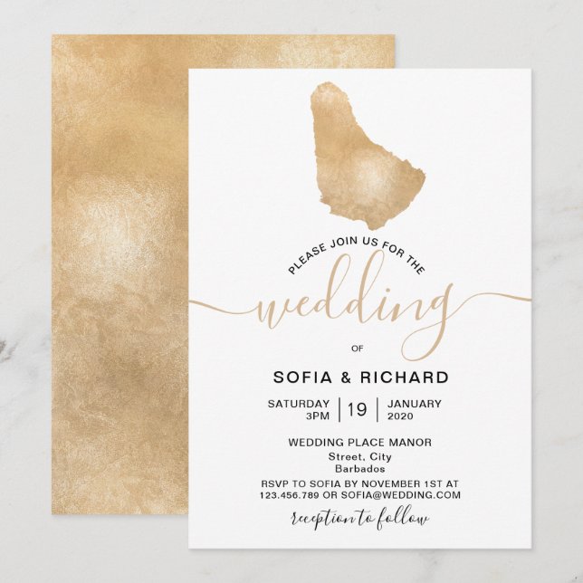 Invitación Mapa dorado tropical de Barbados destino de boda I (Anverso / Reverso)