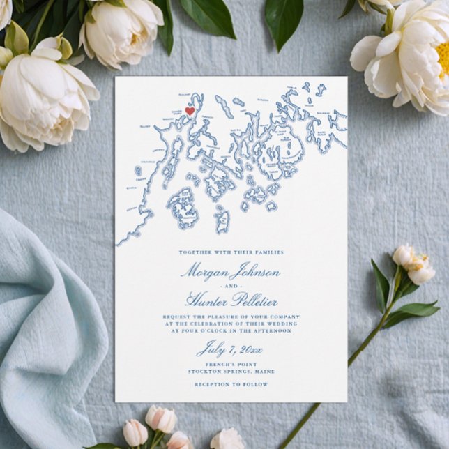 Invitación Mapa elegante del mapa francés de Point Maine (French's Point Maine Wedding Invitation with Stockton Springs map in elegant navy blue )