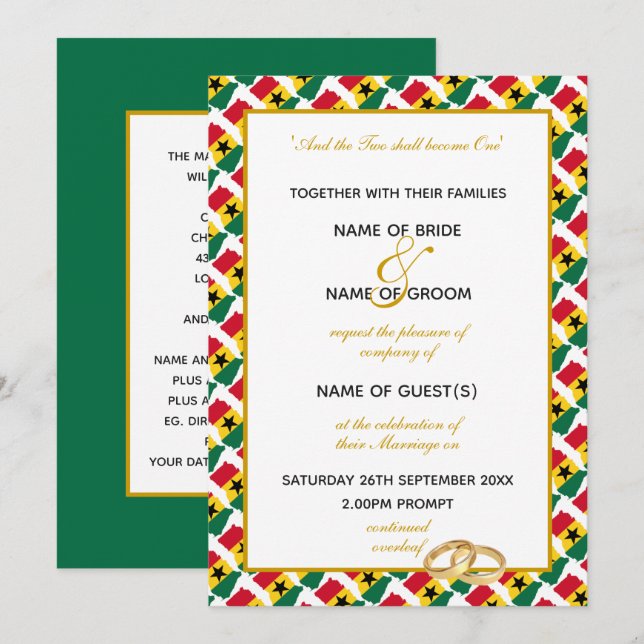 Invitación MAPA GHANA con elegante guión de Boda ghanés (Anverso / Reverso)