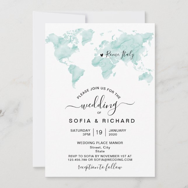 Invitación Mapa Mundial Acuarela Destino de Boda Corazón (Anverso)