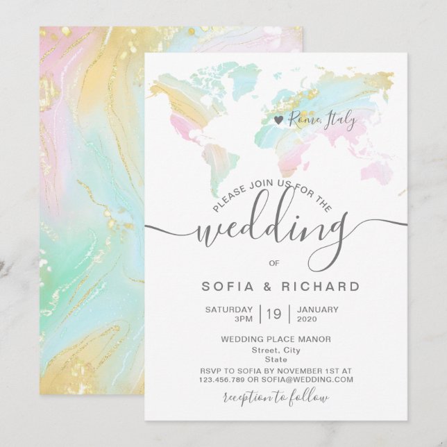 Invitación Mapa Mundial Boda de Destino Pastel (Anverso / Reverso)