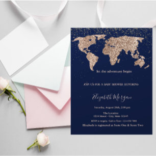 Invitación Mapa Mundial Brillante Confeti Azul Marino Baby Sh