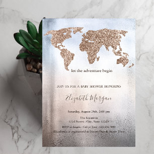 Invitación Mapa Mundial Brillante Cumpleaños de Metal 