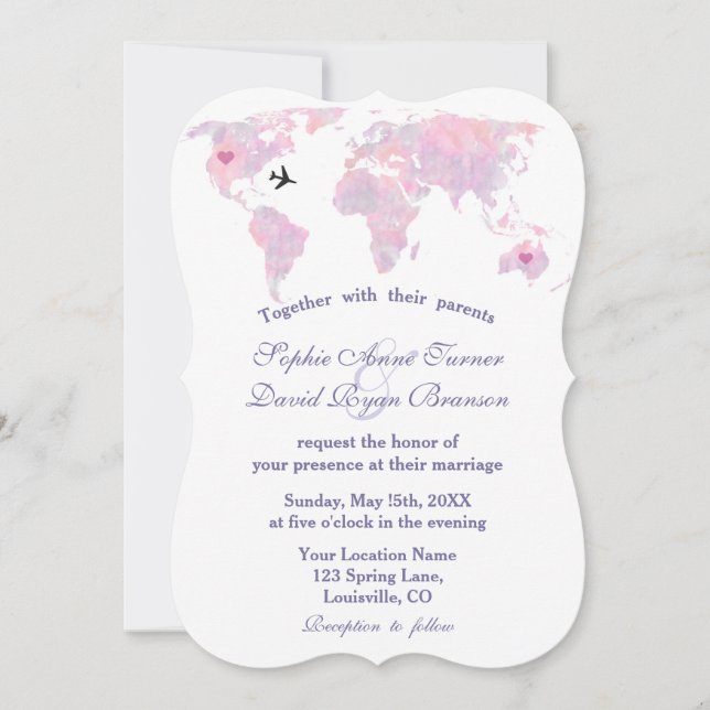 Invitación Mapa mundial de acuarela de viaje de boda de desti (Anverso)