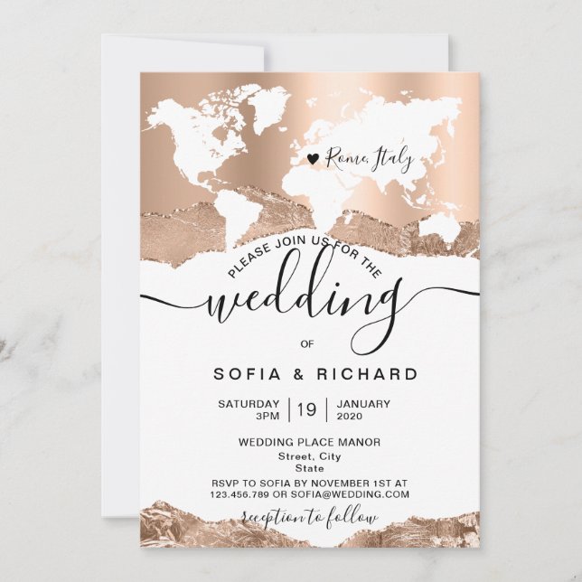 Invitación Mapa Mundial de Boda de Destino Rosa Dorado (Anverso)