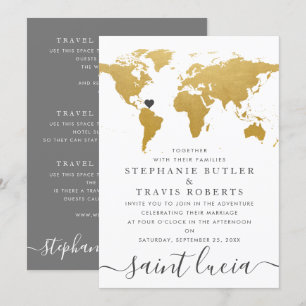 Invitación Mapa Mundial de Boda en el Extranjero Dorado y Gri