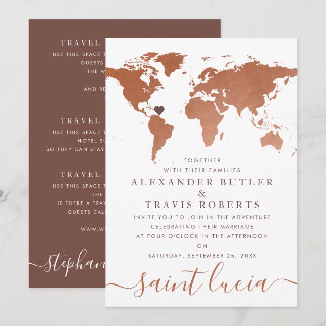 Invitación Mapa Mundial de Cobre para Boda de Destino (Anverso / Reverso)
