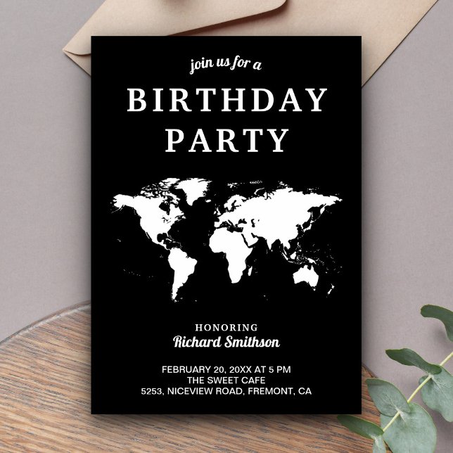 Invitación Mapa Mundial de Cumpleaños en Blanco y Negro (Subido por el creador)