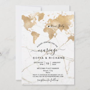 Invitación Mapa Mundial de Destino de Boda en Oro con Corazón