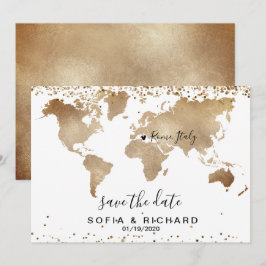 Invitación Mapa Mundial de Destino de Boda en Oro con Corazón