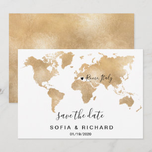 Invitación Mapa Mundial de Destino de Boda en Oro con Corazón