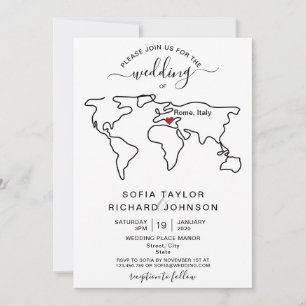 Invitación Mapa Mundial de Destino en Boda Minimalista Simple