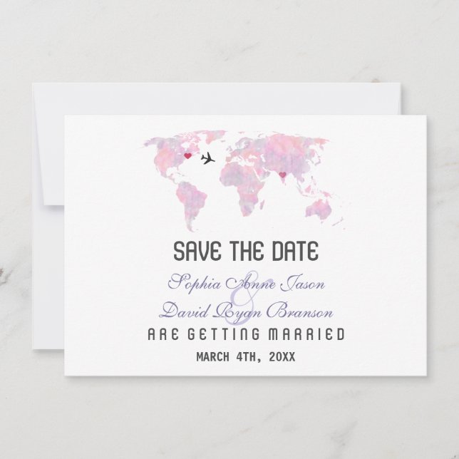 Invitación Mapa Mundial de Destino Personalizado Boda Save th (Anverso)