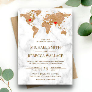 Invitación Mapa Mundial de Mármol de Bronce Corazones Viajero