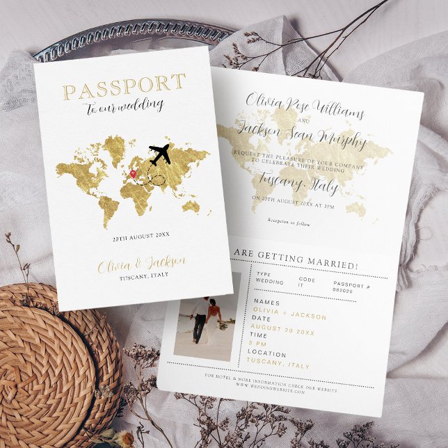 Invitación Mapa mundial de oro de Passport de boda de destino (Subido por el creador)