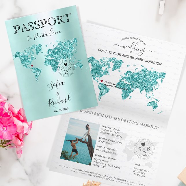 Invitación Mapa mundial de pasaporte de boda de destino Aqua  (Subido por el creador)