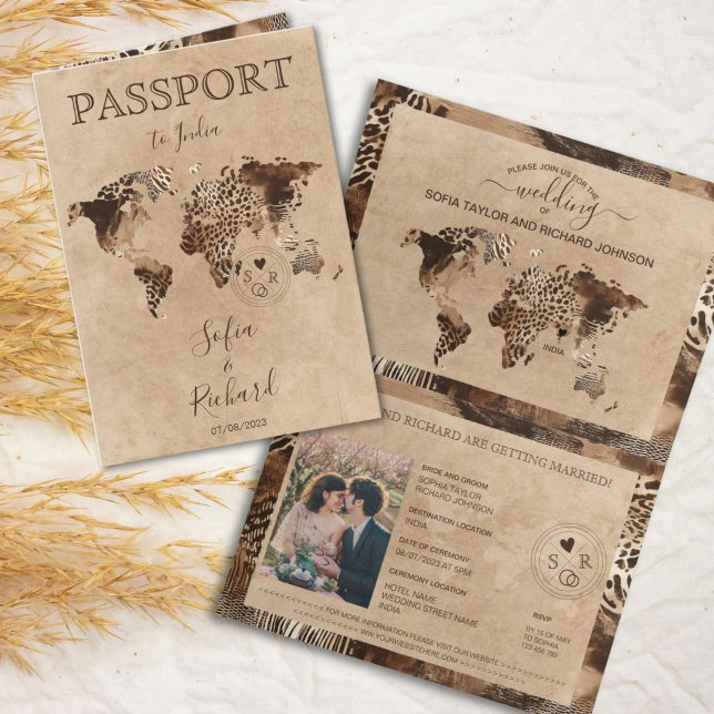 Invitación Mapa Mundial de Pasaporte de Boda Safari Boho Leop (safari leopard world map passport wedding illustration)