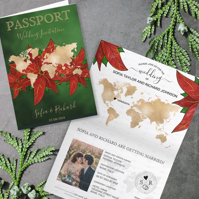Invitación Mapa mundial de pasaporte de destino Boda navidade (christmas wedding passport invitation, green background and poinsettias)