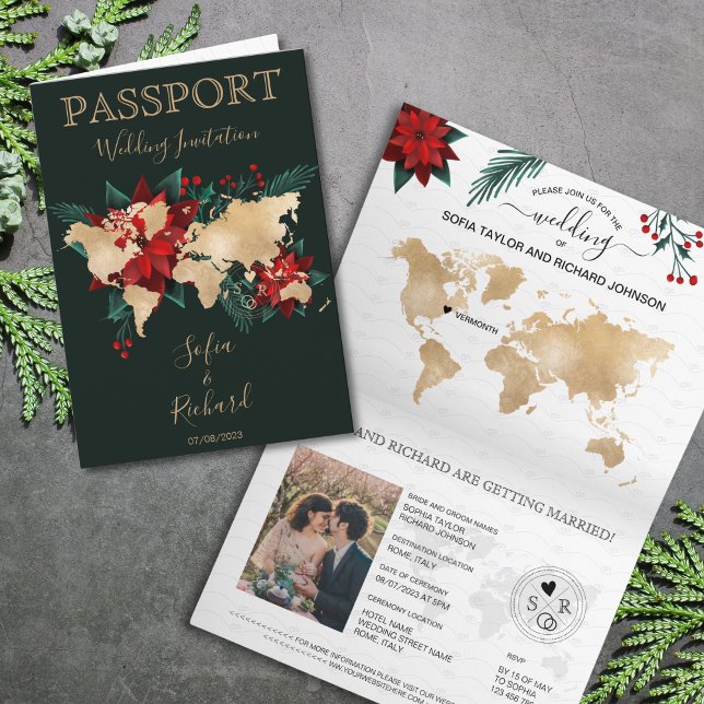 Invitación Mapa mundial de pasaporte de destino Boda navidade (christmas poinsettia gold world map passport)