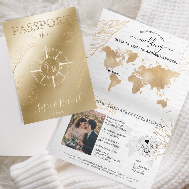Invitación Mapa mundial de pasaporte de destino de Boda de Mé (gold compass passport wedding invitation)