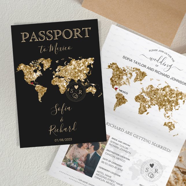 Invitación Mapa Mundial de Pasaporte de Destino de boda Méxic (gold glitter and black passport wedding invitation)