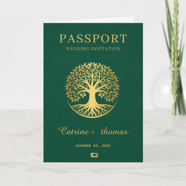 Invitación Mapa mundial de pasaporte de destino de Boda verde (Anverso)