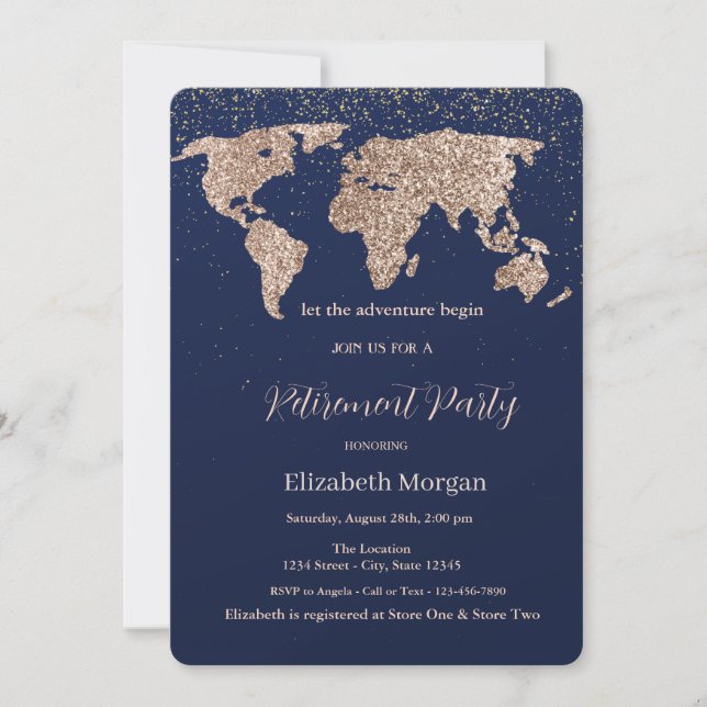 Invitación Mapa mundial de purpurinas Jubilación azul de la M (Anverso)