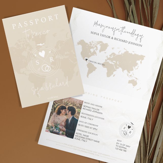Invitación Mapa mundial de Rubor Passport de destino de boda (Subido por el creador)